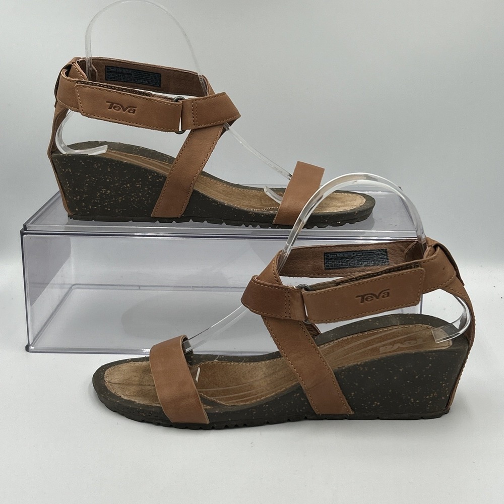 Teva Cabrillo Crossover Wedge Sandals 9 Brown Leather Ankle Strap Cork Comfort